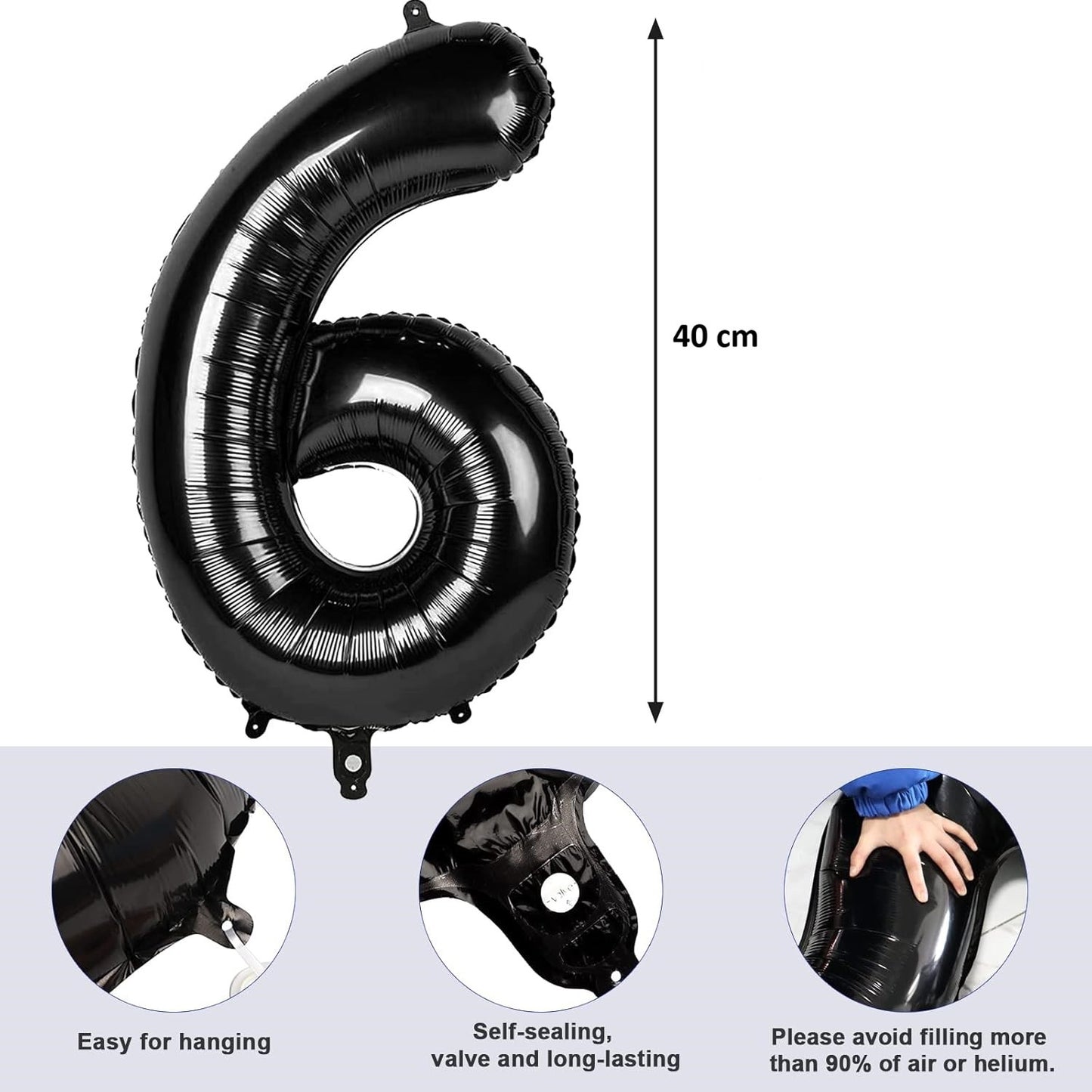 Balon din Folie Metalizata Klevo, Figurina Cifra, Tema Aniversare 40 cm, Ambalaj Individual, Pai inclus, Umflare cu Aer sau Heliu, Negru, Cifra 6