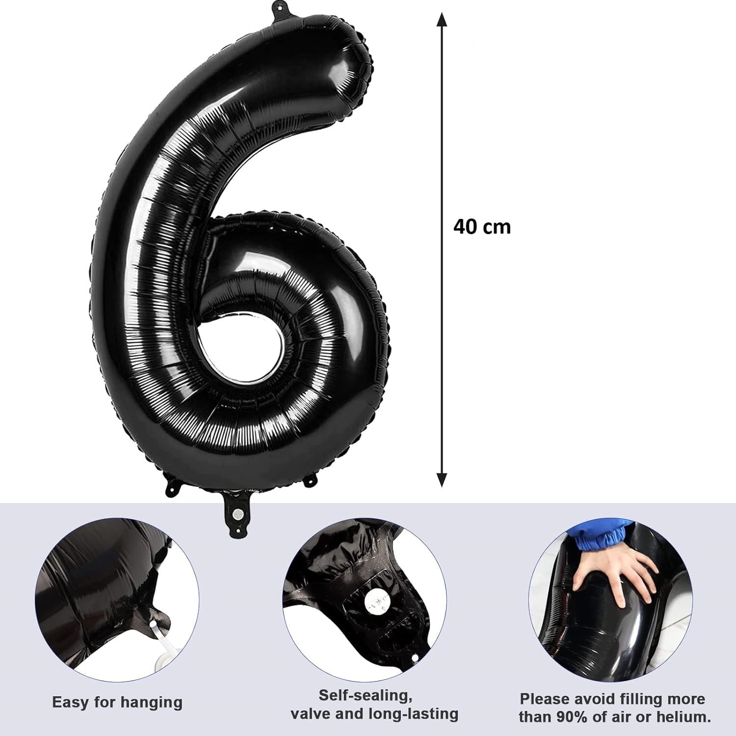 Balon din Folie Metalizata Klevo, Figurina Cifra, Tema Aniversare 40 cm, Ambalaj Individual, Pai inclus, Umflare cu Aer sau Heliu, Negru, Cifra 6