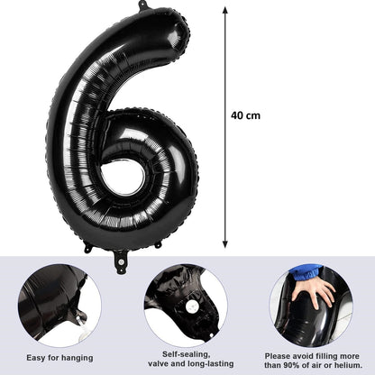 Balon din Folie Metalizata Klevo, Figurina Cifra, Tema Aniversare 40 cm, Ambalaj Individual, Pai inclus, Umflare cu Aer sau Heliu, Negru, Cifra 6