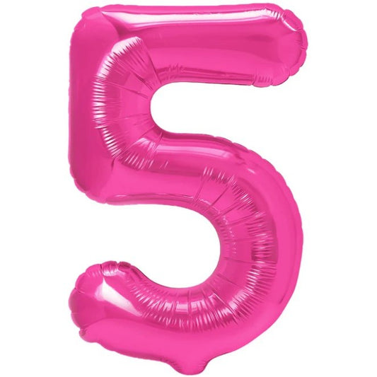 Balon din Folie Metalizata Klevo, Figurina Cifra, Tema Aniversare 40 cm, Ambalaj Individual, Pai inclus, Umflare cu Aer sau Heliu, Roz, Cifra 5