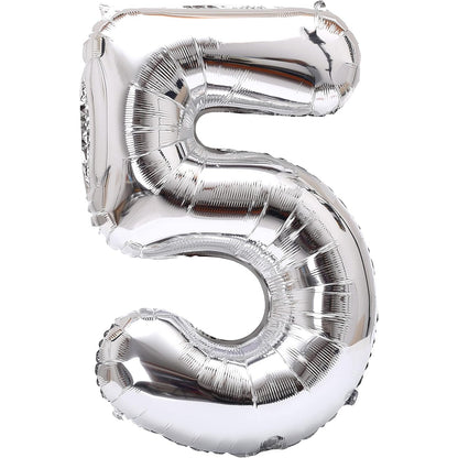 Balon din Folie Metalizata Klevo, Figurina Cifra, Tema Aniversare 40 cm, Ambalaj Individual, Pai inclus, Umflare cu Aer sau Heliu, Argintiu, Cifra 5