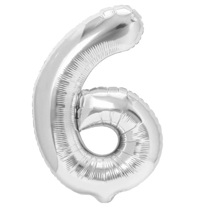 Balon din Folie Metalizata Klevo, Figurina Cifra, Tema Aniversare 40 cm, Ambalaj Individual, Pai inclus, Umflare cu Aer sau Heliu, Argintiu, Cifra 6