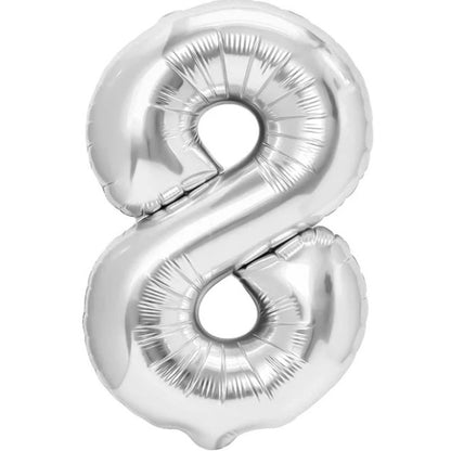 Balon din Folie Metalizata Klevo, Figurina Cifra, Tema Aniversare 40 cm, Ambalaj Individual, Pai inclus, Umflare cu Aer sau Heliu, Argintiu, Cifra 8