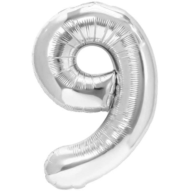 Balon din Folie Metalizata Klevo, Figurina Cifra, Tema Aniversare 40 cm, Ambalaj Individual, Pai inclus, Umflare cu Aer sau Heliu, Argintiu, Cifra 9