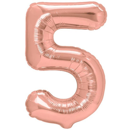 Balon din Folie Metalizata Klevo, Figurina Cifra, Tema Aniversare 80 cm, Ambalaj Individual, Pai inclus, Umflare cu Aer sau Heliu, Rose, Cifra 5