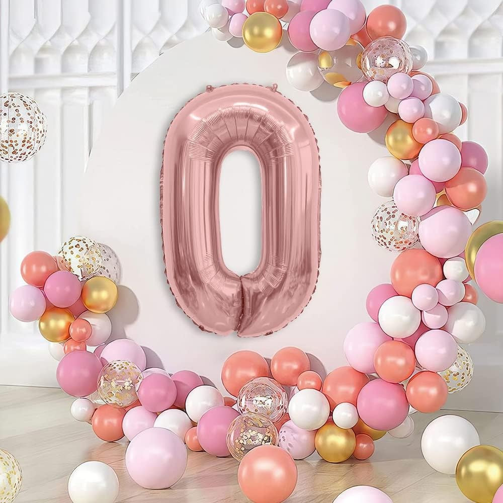 Balon din Folie Metalizata Klevo, Figurina Cifra, Tema Aniversare 80 cm, Ambalaj Individual, Pai inclus, Umflare cu Aer sau Heliu, Rose, Cifra 0