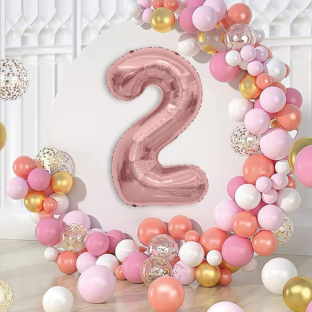 Balon din Folie Metalizata Klevo, Figurina Cifra, Tema Aniversare 80 cm, Ambalaj Individual, Pai inclus, Umflare cu Aer sau Heliu, Rose, Cifra 2