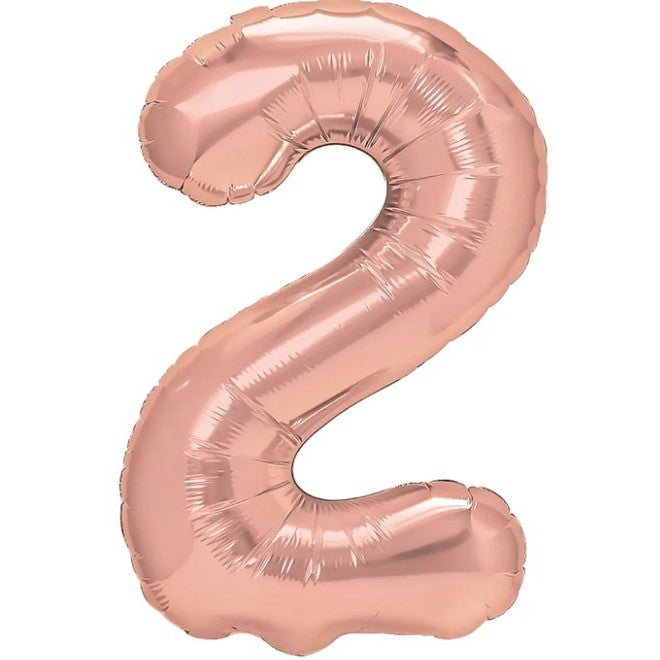 Balon din Folie Metalizata Klevo, Figurina Cifra, Tema Aniversare 80 cm, Ambalaj Individual, Pai inclus, Umflare cu Aer sau Heliu, Rose, Cifra 2