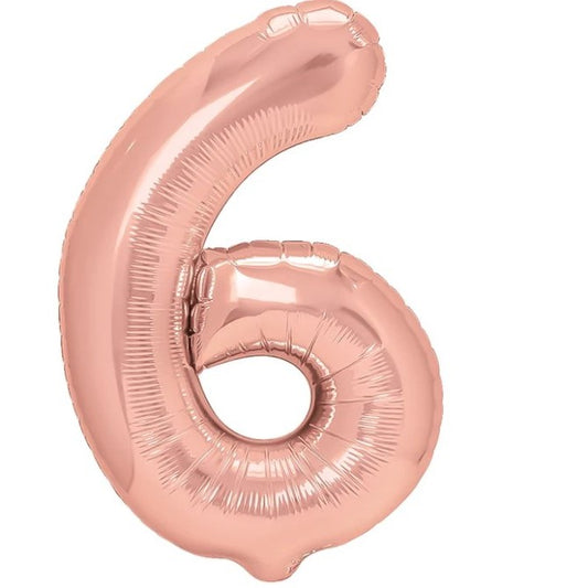 Balon din Folie Metalizata Klevo, Figurina Cifra, Tema Aniversare 80 cm, Ambalaj Individual, Pai inclus, Umflare cu Aer sau Heliu, Rose, Cifra 6