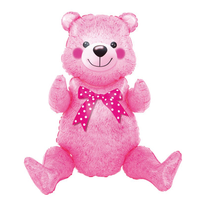 Balon din Folie Metalizata, Klevo, Figurina Animalute, Model Ursulet Asezat, Tematica Aniversare, 44x82.5 cm, Ambalaj Individual, Pai Inclus, Umflare cu Aer sau Heliu, Roz