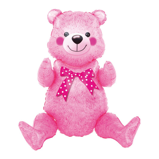 Balon din Folie Metalizata, Klevo, Figurina Animalute, Model Ursulet Asezat, Tematica Aniversare, 44x82.5 cm, Ambalaj Individual, Pai Inclus, Umflare cu Aer sau Heliu, Roz