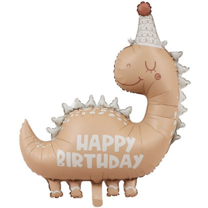 Balon din Folie Metalizata, Klevo, Figurina Animata, Model Dinozaur Happy Birthday, 80 x 77 cm, Ambalaj Individual, Pai Inclus, Umflare cu Aer sau Heliu, Maro