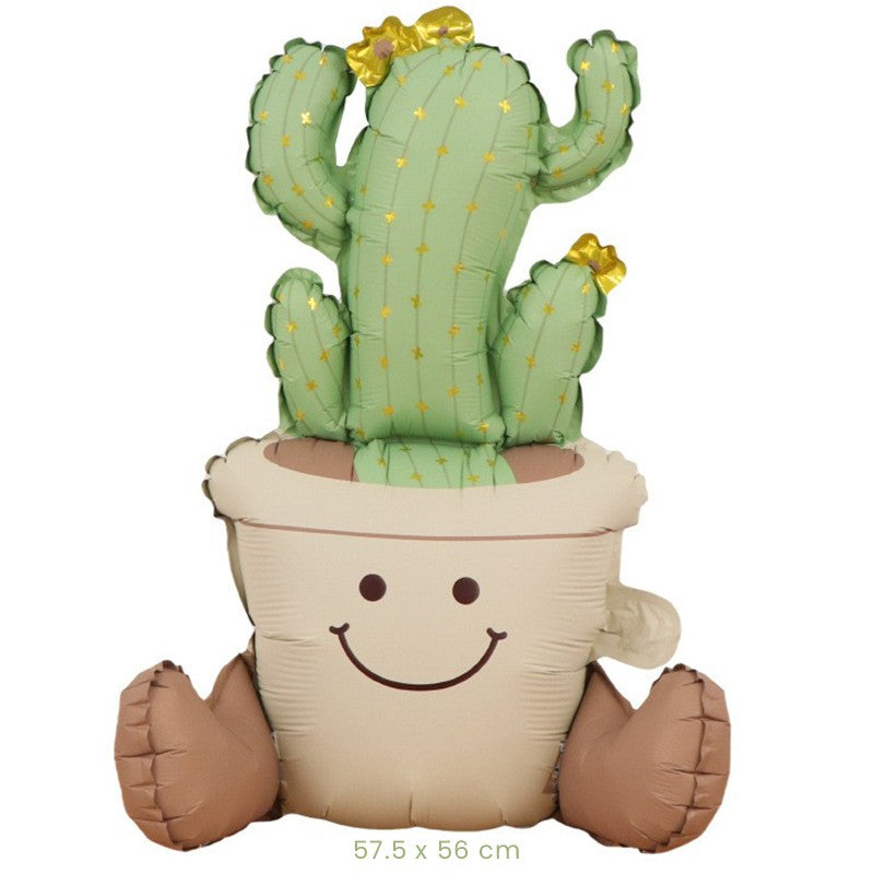 Balon din Folie Metalizata, Klevo, Figurina Animata, Model Ghivechi Cactus, 57.5 x 56 cm, Ambalaj Individual, Pai Inclus, Umflare cu Aer sau Heliu, Verde