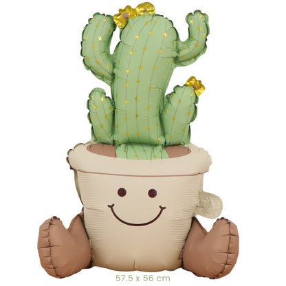 Balon din Folie Metalizata, Klevo, Figurina Animata, Model Ghivechi Cactus, 57.5 x 56 cm, Ambalaj Individual, Pai Inclus, Umflare cu Aer sau Heliu, Verde