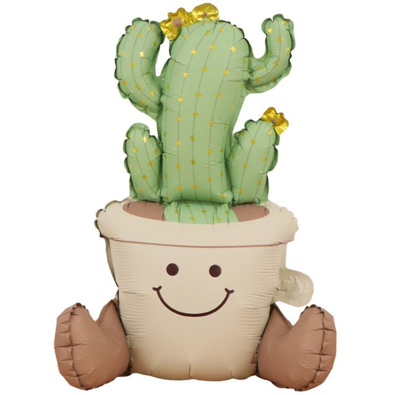 Balon din Folie Metalizata, Klevo, Figurina Animata, Model Ghivechi Cactus, 57.5 x 56 cm, Ambalaj Individual, Pai Inclus, Umflare cu Aer sau Heliu, Verde