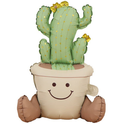 Balon din Folie Metalizata, Klevo, Figurina Animata, Model Ghivechi Cactus, 57.5 x 56 cm, Ambalaj Individual, Pai Inclus, Umflare cu Aer sau Heliu, Verde