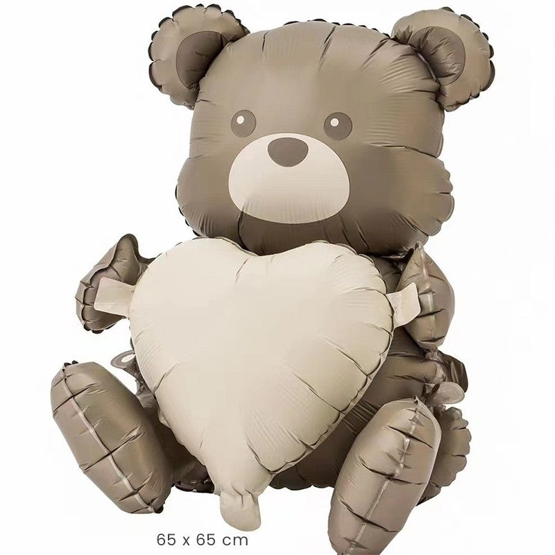 Balon din Folie Metalizata, Klevo, Figurina Animata, Model Ursulet cu Inima, 65 x 65 cm, Ambalaj Individual, Pai Inclus, Umflare cu Aer sau Heliu, Maro