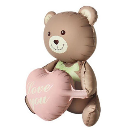 Balon din Folie Metalizata, Klevo, Figurina Animata, Model Ursulet cu Inimioare, 105.5 x 66.5 cm, Ambalaj Individual, Pai Inclus, Umflare cu Aer sau Heliu, Maro