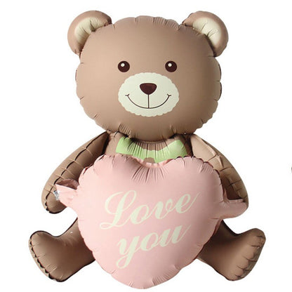 Balon din Folie Metalizata, Klevo, Figurina Animata, Model Ursulet cu Inimioare, 105.5 x 66.5 cm, Ambalaj Individual, Pai Inclus, Umflare cu Aer sau Heliu, Maro