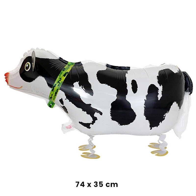 Balon din Folie Metalizata, Klevo, Figurina Animata, Model Vacuta, 74x35 cm, Ambalaj Individual, Pai Inclus, Umflare cu Aer sau Heliu, Alb-Negru