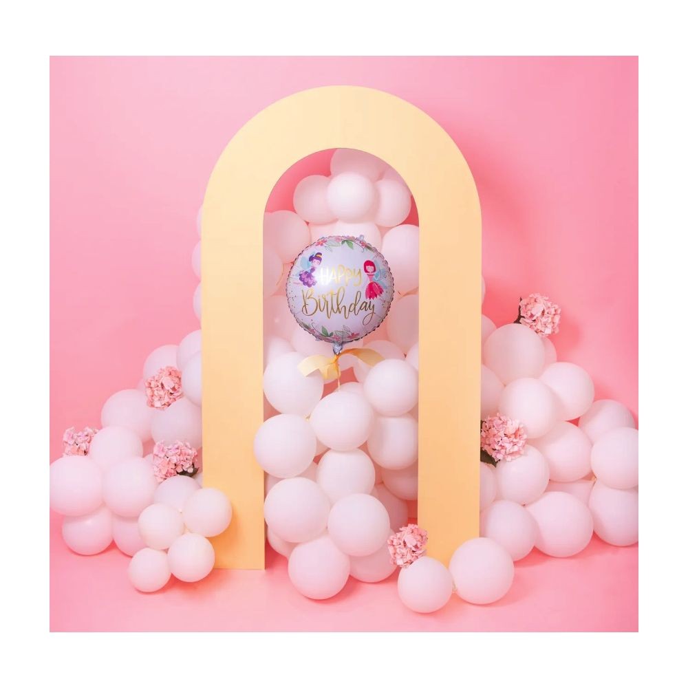 Balon din Folie Metalizata, Klevo, Figurina Cerc, Model Happy Birthday cu Zane, Tematica Aniversare, 45 cm, Ambalaj Individual, Pai Inclus, Umflare cu Aer sau Heliu, Multicolor