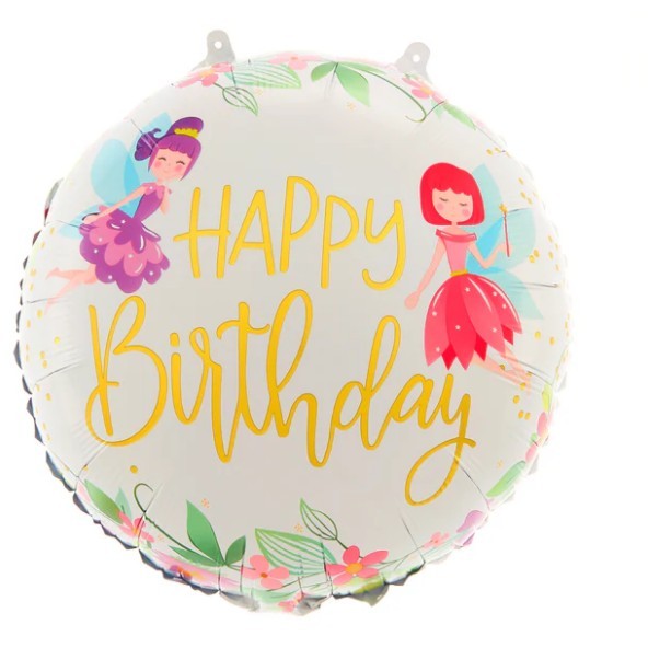 Balon din Folie Metalizata, Klevo, Figurina Cerc, Model Happy Birthday cu Zane, Tematica Aniversare, 45 cm, Ambalaj Individual, Pai Inclus, Umflare cu Aer sau Heliu, Multicolor