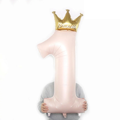Balon din Folie Metalizata, Klevo, Figurina Cifra 1, Model Coroana Printesa, 91 cm, Ambalaj Individual, Pai inclus, Umflare cu Aer sau Heliu, Roz