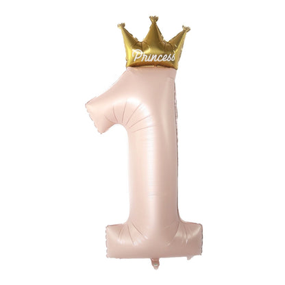 Balon din Folie Metalizata, Klevo, Figurina Cifra 1, Model Coroana Printesa, 91 cm, Ambalaj Individual, Pai inclus, Umflare cu Aer sau Heliu, Roz