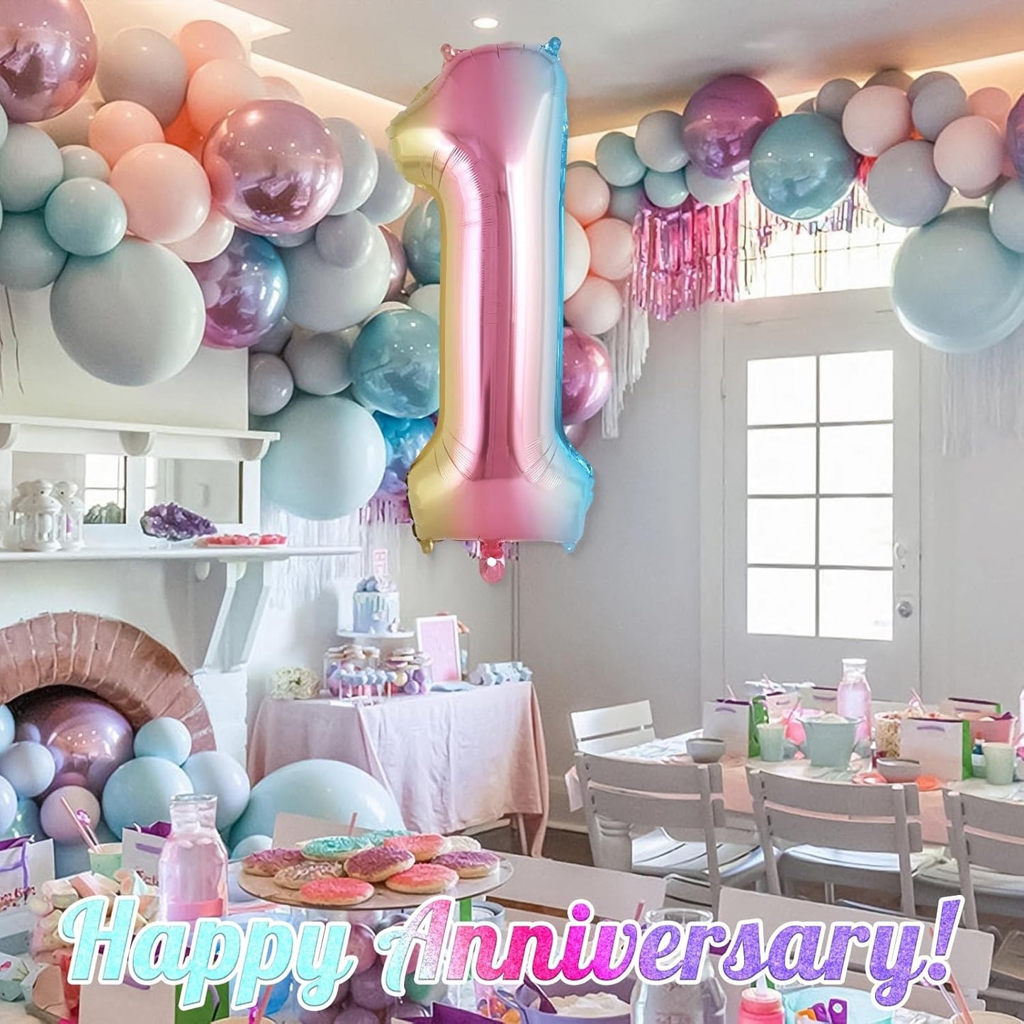 Balon din Folie Metalizata Klevo, Figurina Cifra Gradient, Tema Aniversare 40 cm, Ambalaj Individual, Pai inclus, Umflare cu Aer sau Heliu, Multicolor, Cifra 1