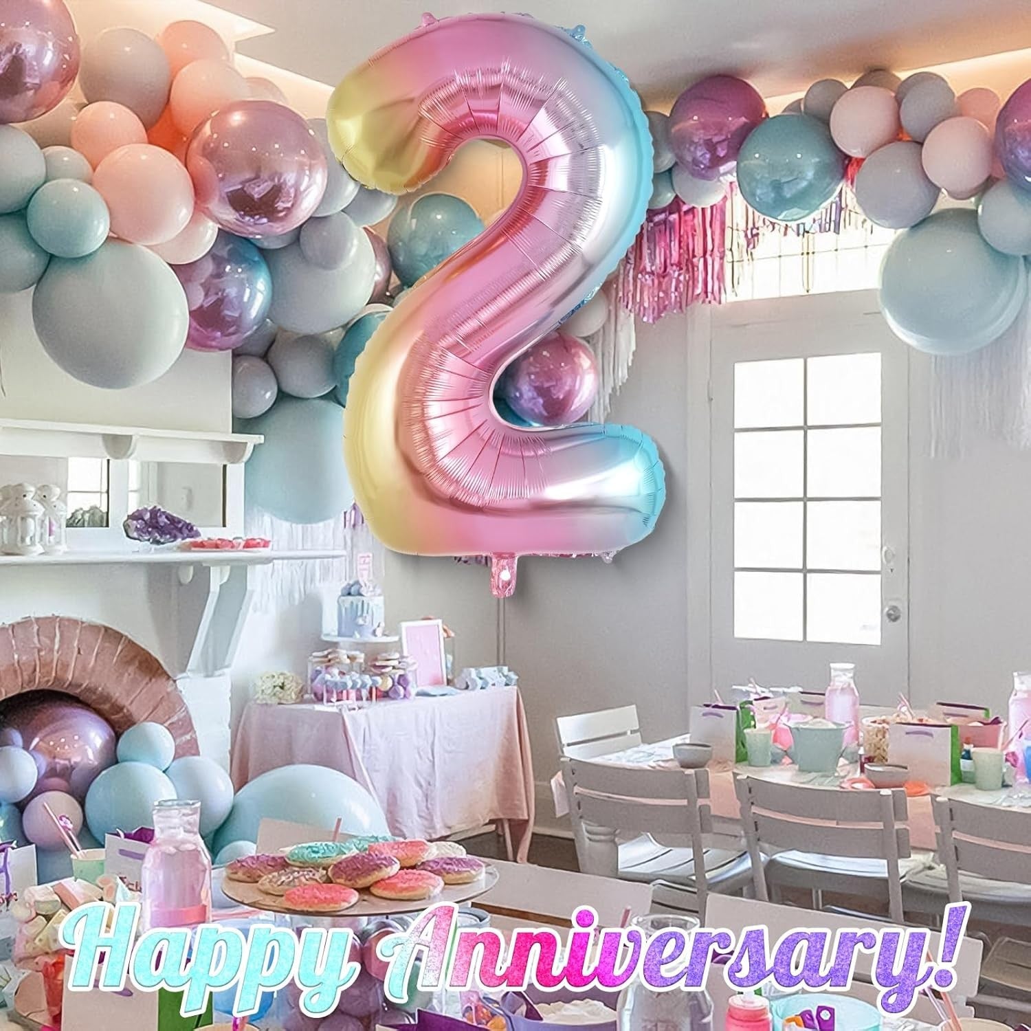 Balon din Folie Metalizata Klevo, Figurina Cifra Gradient, Tema Aniversare 40 cm, Ambalaj Individual, Pai inclus, Umflare cu Aer sau Heliu, Multicolor, Cifra 2