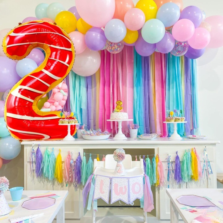 Balon din Folie Metalizata Klevo, Figurina Cifra, Imprimeu Gogosi, Tema Aniversare 100 cm, Ambalaj Individual, Pai inclus, Umflare cu Aer sau Heliu, Multicolor, Cifra 2