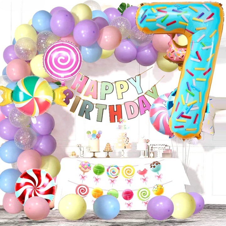 Balon din Folie Metalizata Klevo, Figurina Cifra, Imprimeu Gogosi, Tema Aniversare 100 cm, Ambalaj Individual, Pai inclus, Umflare cu Aer sau Heliu, Multicolor, Cifra 7