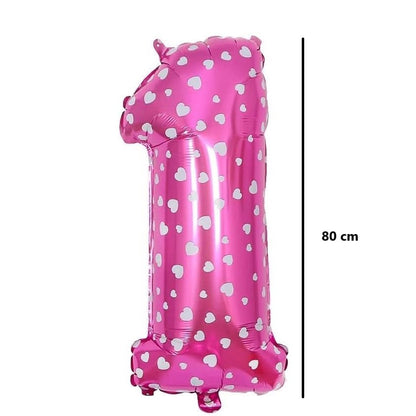 Balon din Folie Metalizata Klevo, Figurina Cifra, Imprimeu Inimi, Tema Aniversare 80 cm, Ambalaj Individual, Pai inclus, Umflare cu Aer sau Heliu, Roz, Cifra 1