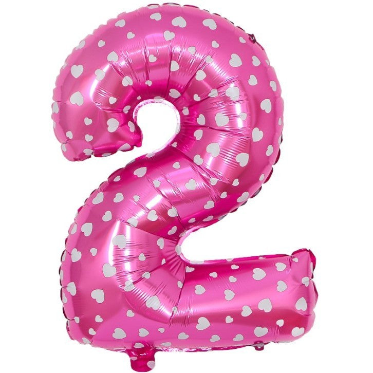 Balon din Folie Metalizata Klevo, Figurina Cifra, Imprimeu Inimi, Tema Aniversare 80 cm, Ambalaj Individual, Pai inclus, Umflare cu Aer sau Heliu, Roz, Cifra 2
