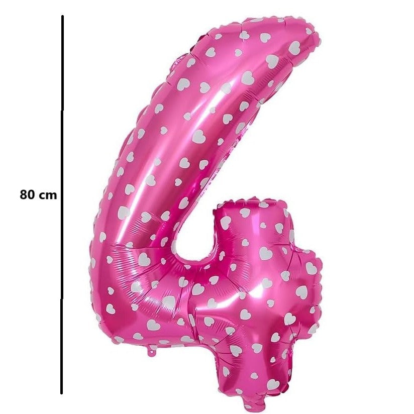 Balon din Folie Metalizata Klevo, Figurina Cifra, Imprimeu Inimi, Tema Aniversare 80 cm, Ambalaj Individual, Pai inclus, Umflare cu Aer sau Heliu, Roz, Cifra 4