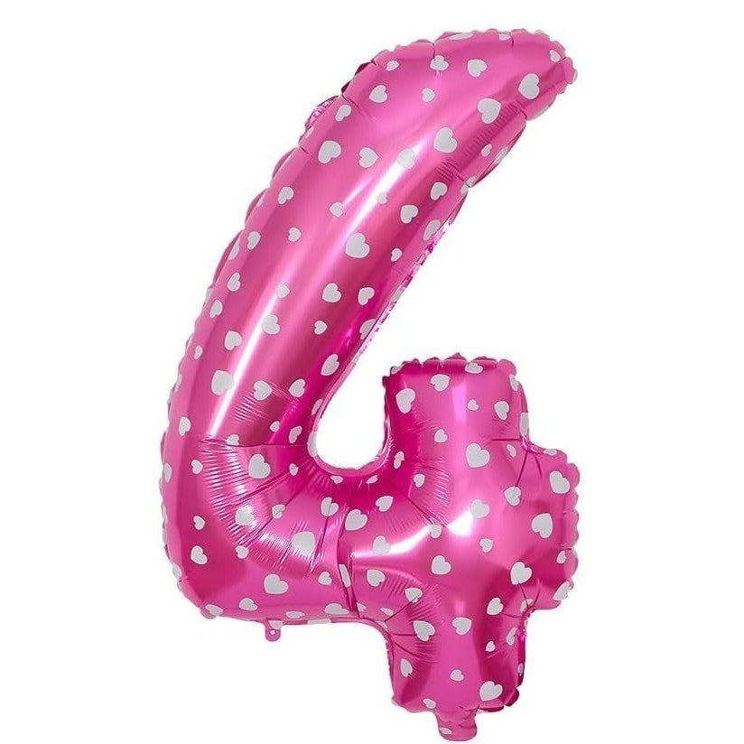 Balon din Folie Metalizata Klevo, Figurina Cifra, Imprimeu Inimi, Tema Aniversare 80 cm, Ambalaj Individual, Pai inclus, Umflare cu Aer sau Heliu, Roz, Cifra 4