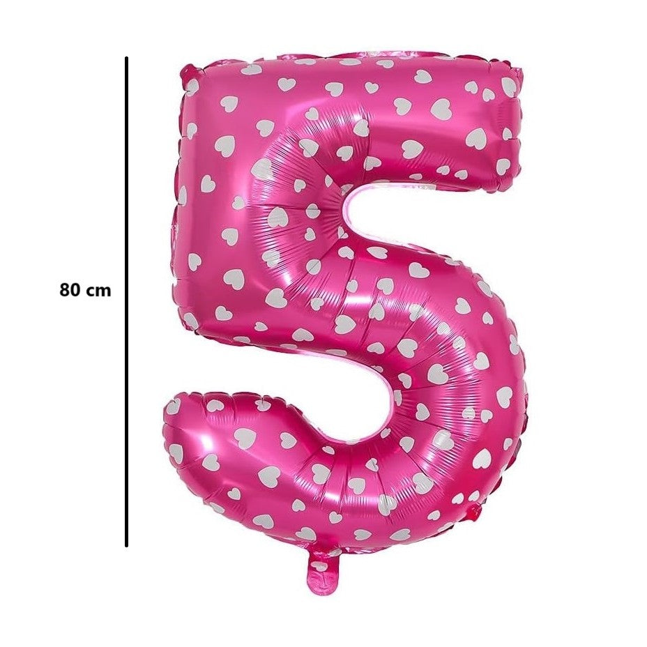 Balon din Folie Metalizata Klevo, Figurina Cifra, Imprimeu Inimi, Tema Aniversare 80 cm, Ambalaj Individual, Pai inclus, Umflare cu Aer sau Heliu, Roz, Cifra 5