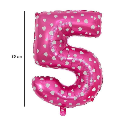 Balon din Folie Metalizata Klevo, Figurina Cifra, Imprimeu Inimi, Tema Aniversare 80 cm, Ambalaj Individual, Pai inclus, Umflare cu Aer sau Heliu, Roz, Cifra 5