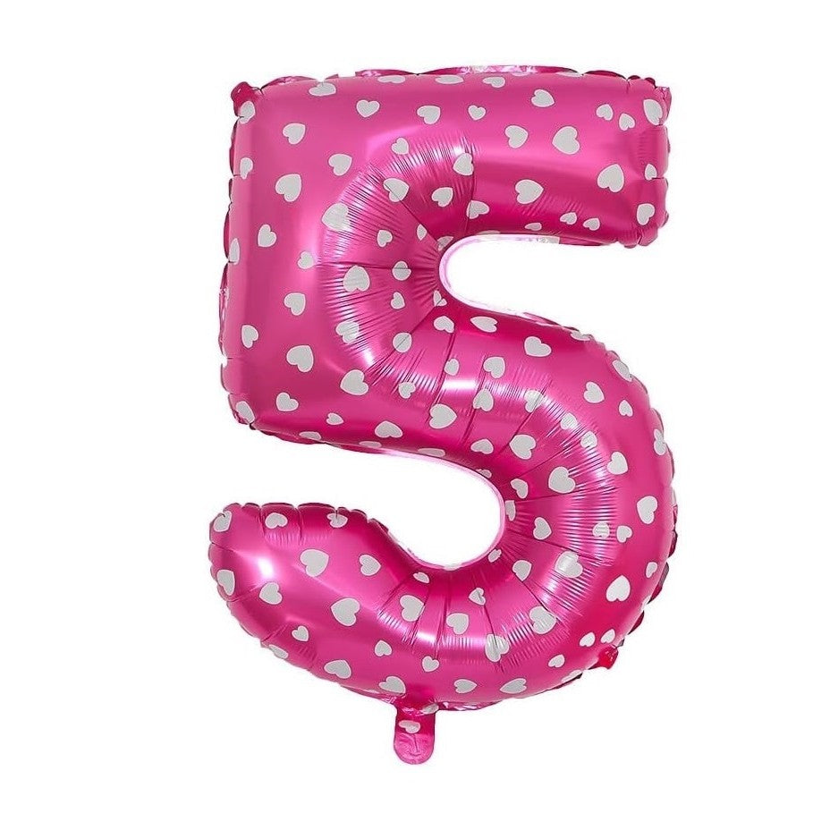 Balon din Folie Metalizata Klevo, Figurina Cifra, Imprimeu Inimi, Tema Aniversare 80 cm, Ambalaj Individual, Pai inclus, Umflare cu Aer sau Heliu, Roz, Cifra 5