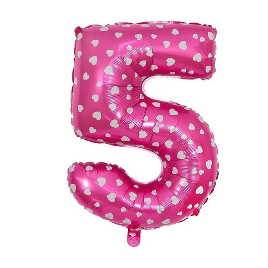 Balon din Folie Metalizata Klevo, Figurina Cifra, Imprimeu Inimi, Tema Aniversare 80 cm, Ambalaj Individual, Pai inclus, Umflare cu Aer sau Heliu, Roz, Cifra 5