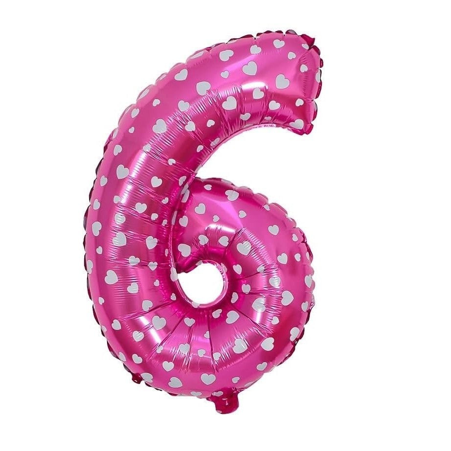 Balon din Folie Metalizata Klevo, Figurina Cifra, Imprimeu Inimi, Tema Aniversare 80 cm, Ambalaj Individual, Pai inclus, Umflare cu Aer sau Heliu, Roz, Cifra 6