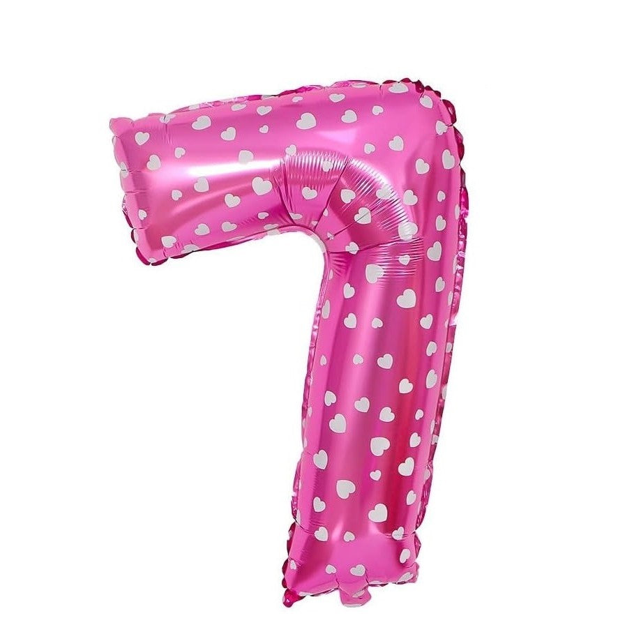 Balon din Folie Metalizata Klevo, Figurina Cifra, Imprimeu Inimi, Tema Aniversare 80 cm, Ambalaj Individual, Pai inclus, Umflare cu Aer sau Heliu, Roz, Cifra 7
