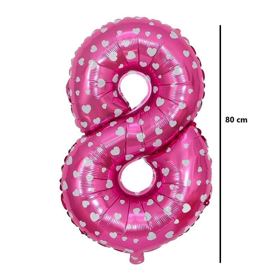 Balon din Folie Metalizata Klevo, Figurina Cifra, Imprimeu Inimi, Tema Aniversare 80 cm, Ambalaj Individual, Pai inclus, Umflare cu Aer sau Heliu, Roz, Cifra 8
