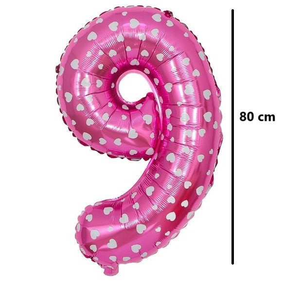 Balon din Folie Metalizata Klevo, Figurina Cifra, Imprimeu Inimi, Tema Aniversare 80 cm, Ambalaj Individual, Pai inclus, Umflare cu Aer sau Heliu, Roz, Cifra 9