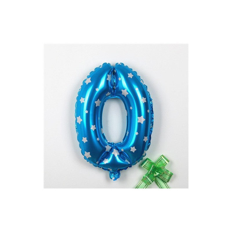 Balon din Folie Metalizata Klevo, Figurina Cifra, Imprimeu Stele, Tema Aniversare 80 cm, Ambalaj Individual, Pai inclus, Umflare cu Aer sau Heliu, Albastru, Cifra 0