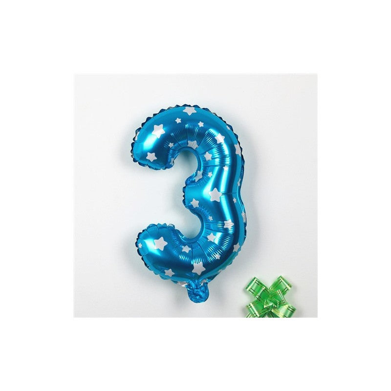 Balon din Folie Metalizata Klevo, Figurina Cifra, Imprimeu Stele, Tema Aniversare 80 cm, Ambalaj Individual, Pai inclus, Umflare cu Aer sau Heliu, Albastru, Cifra 3