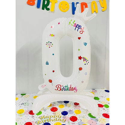 Balon din Folie Metalizata, Klevo, Figurina Cifra, Model 0 cu Happy Birthday Scris, Tema Aniversare 81 cm, Ambalaj Individual, Pai Inclus, Umflare cu Aer sau Heliu, Alb