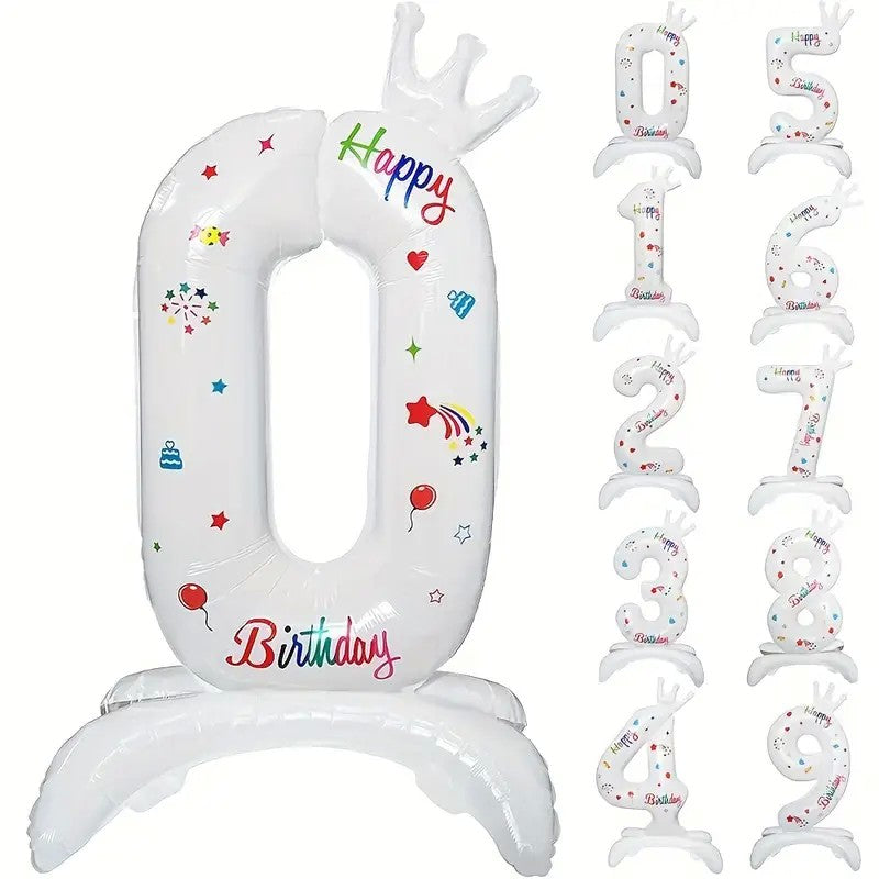 Balon din Folie Metalizata, Klevo, Figurina Cifra, Model 0 cu Happy Birthday Scris, Tema Aniversare 81 cm, Ambalaj Individual, Pai Inclus, Umflare cu Aer sau Heliu, Alb