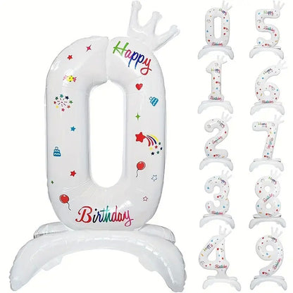 Balon din Folie Metalizata, Klevo, Figurina Cifra, Model 0 cu Happy Birthday Scris, Tema Aniversare 81 cm, Ambalaj Individual, Pai Inclus, Umflare cu Aer sau Heliu, Alb