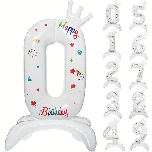 Balon din Folie Metalizata, Klevo, Figurina Cifra, Model 0 cu Happy Birthday Scris, Tema Aniversare 81 cm, Ambalaj Individual, Pai Inclus, Umflare cu Aer sau Heliu, Alb